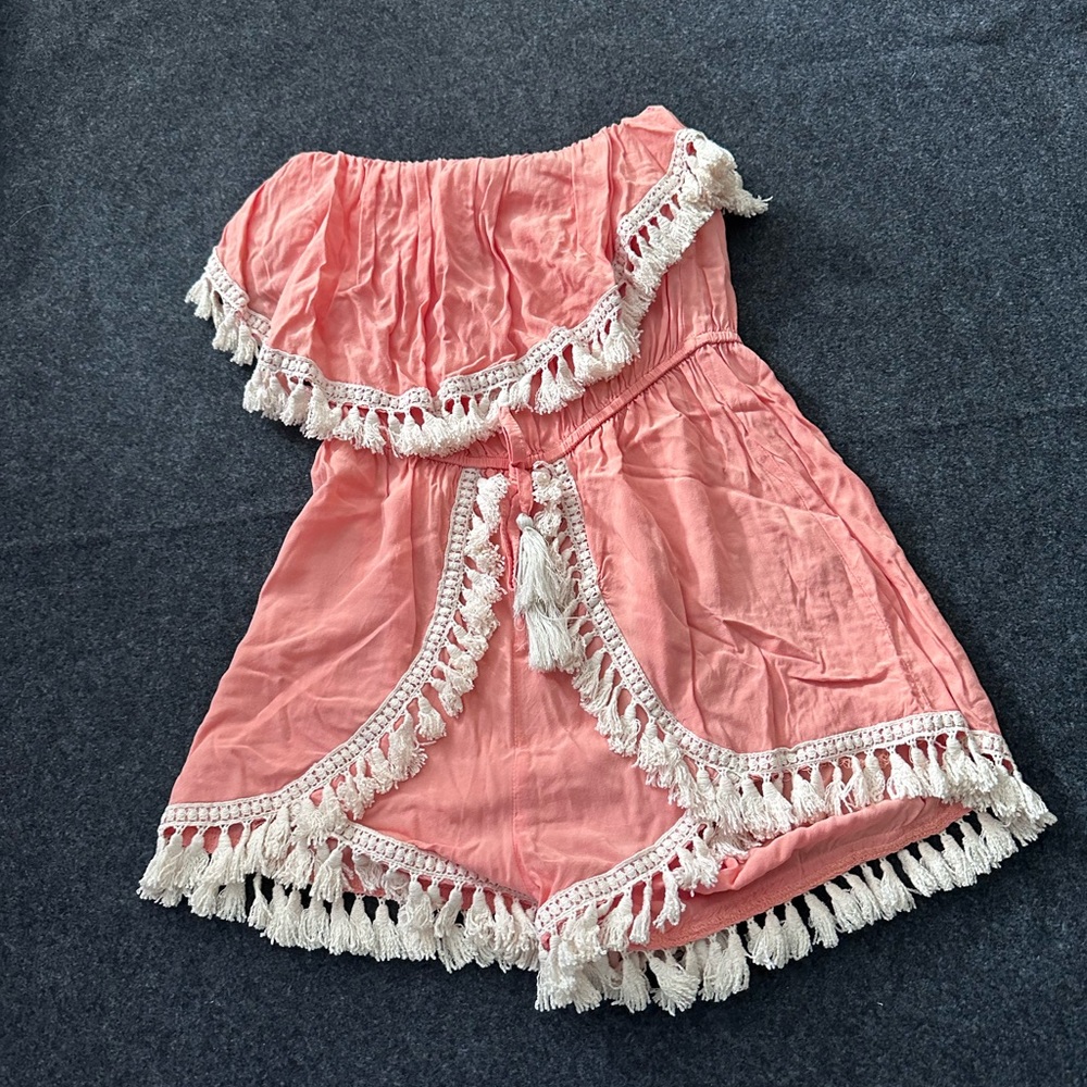 Ocean Drive Coral Strapless Romper with Tassel Detail